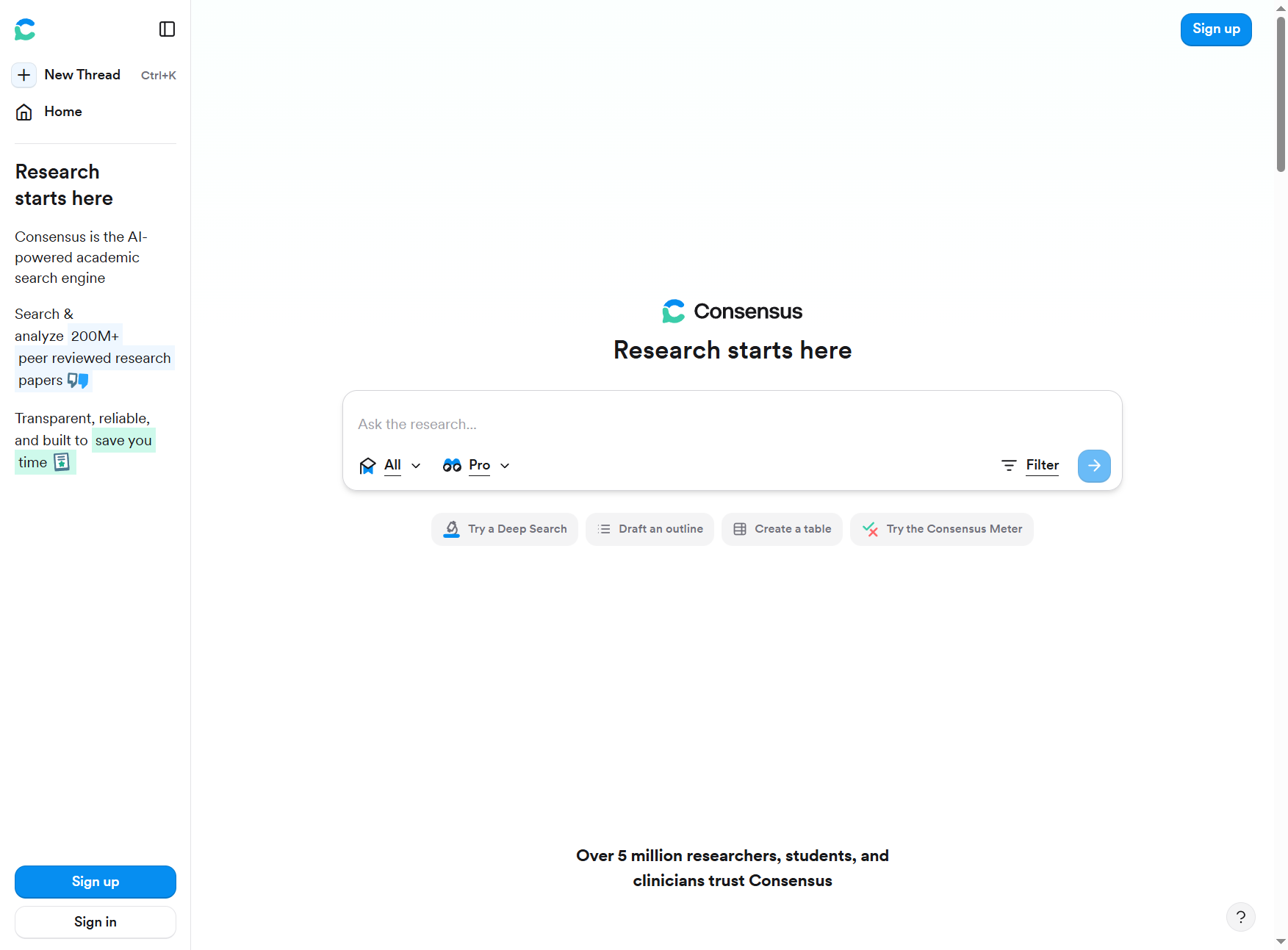 Consensus search interface with focus on academic papers and scientific questions