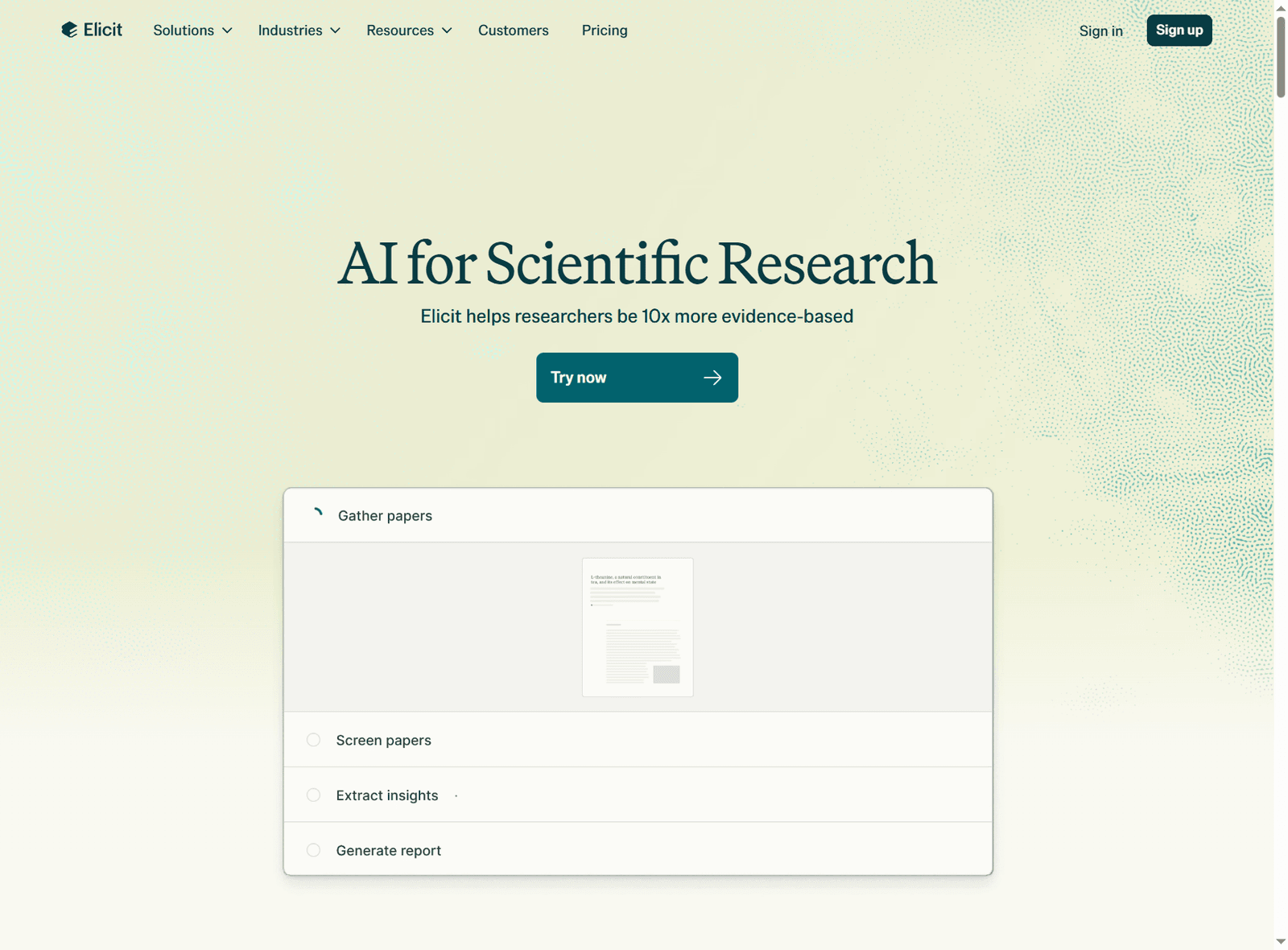 Elicit research workflow showing paper analysis and data extraction tables