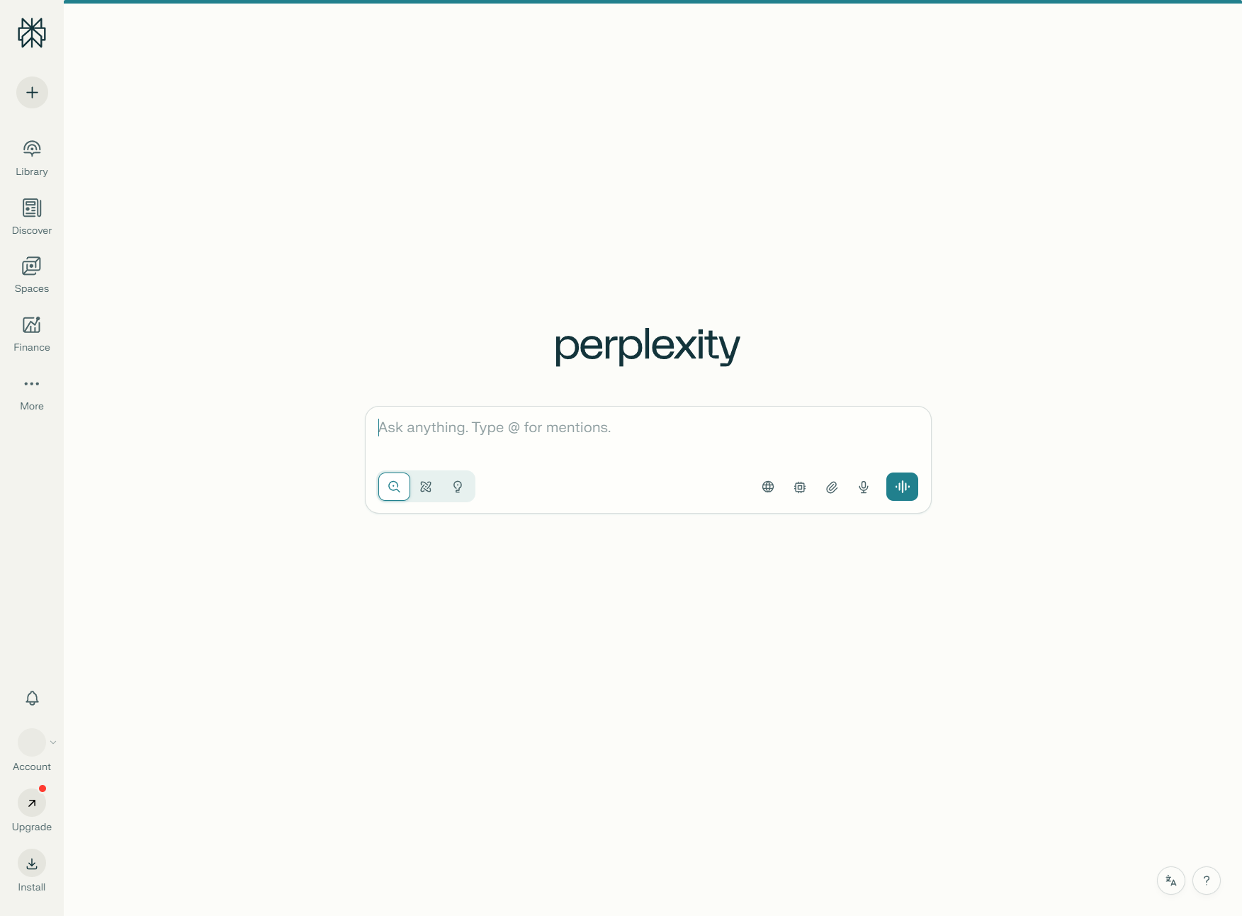 Perplexity AI clean search interface with dark theme and minimalist design