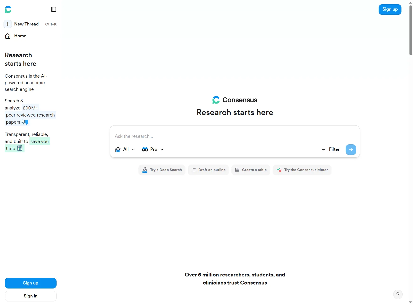 Consensus search interface with focus on academic papers and scientific questions