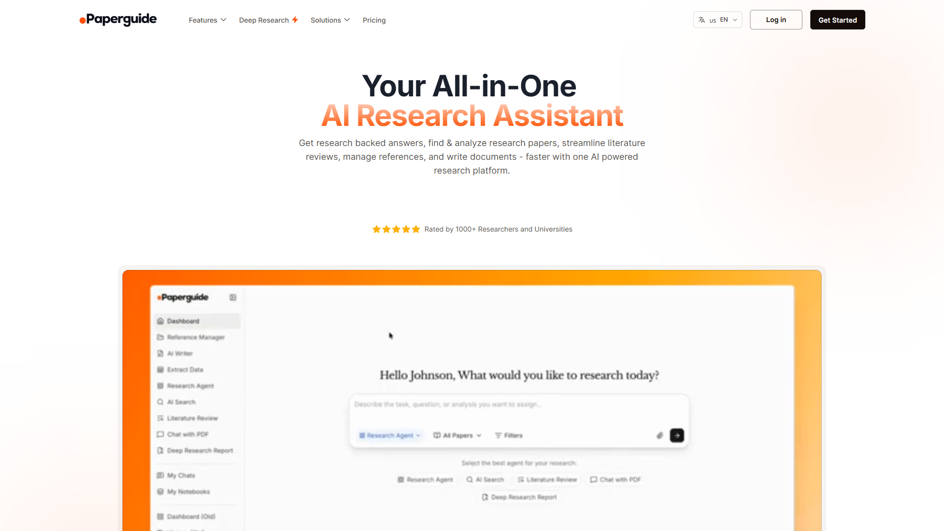 Paperguide AI research platform showing semantic paper search and literature review interface