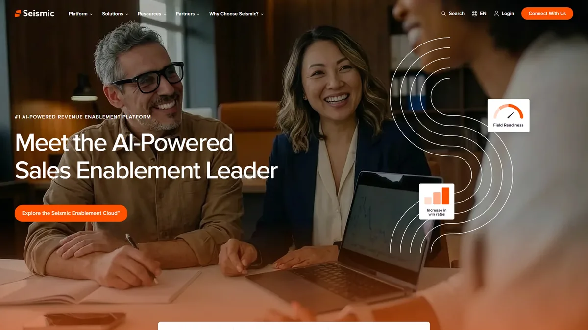 Seismic sales enablement platform homepage showing content management and analytics capabilities