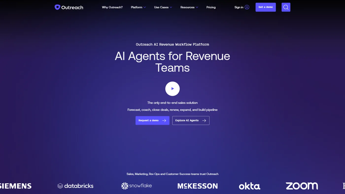 Outreach sales engagement platform showing AI-powered sequence management and pipeline analytics