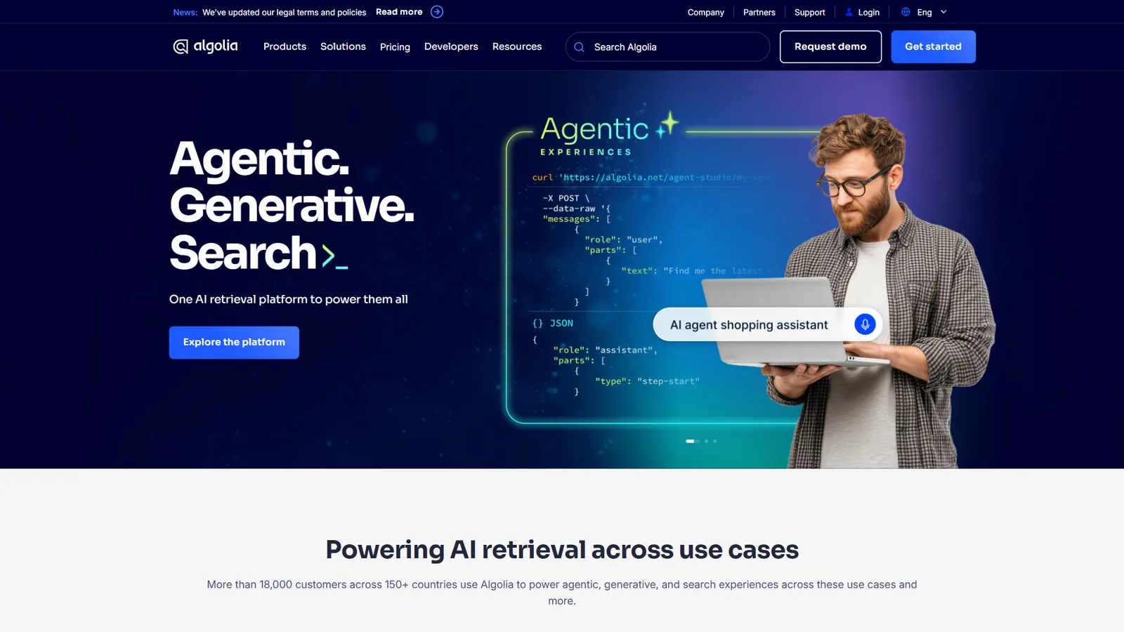 Algolia homepage showcasing AI-powered search and discovery platform for websites and applications