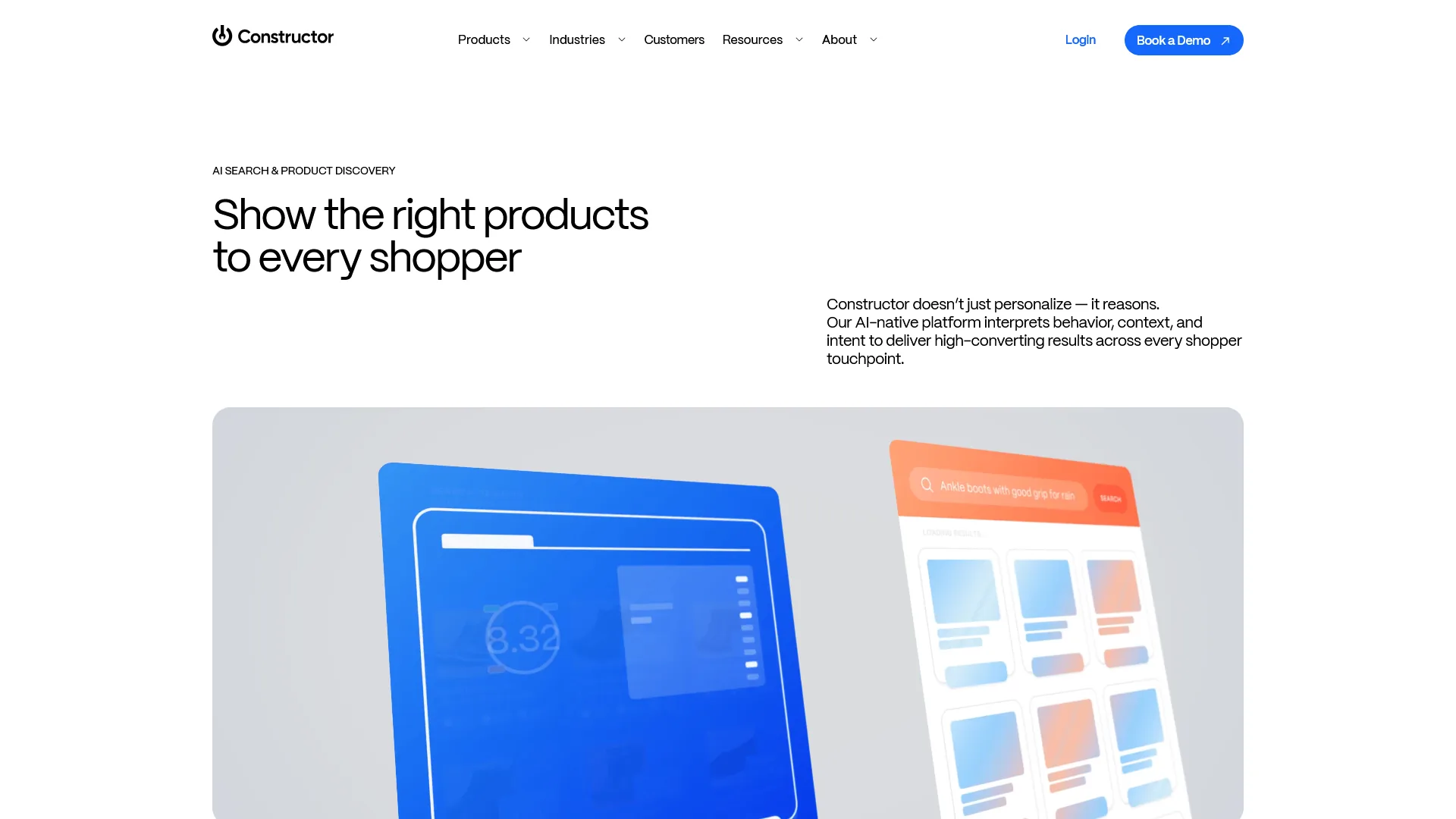 Constructor homepage showing AI-powered product discovery platform for enterprise ecommerce