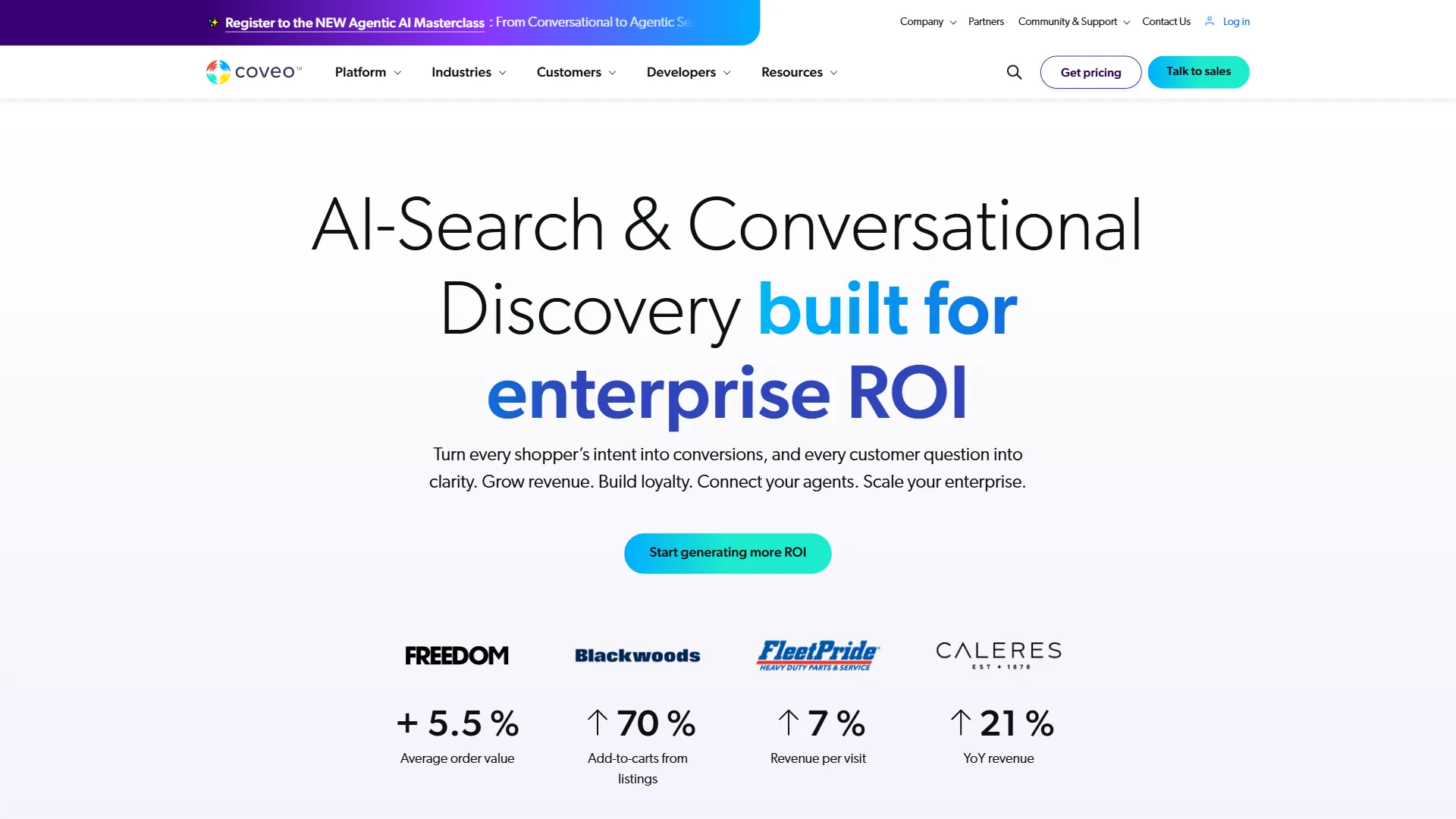 Coveo homepage showing AI-powered enterprise search and relevance platform for digital experiences