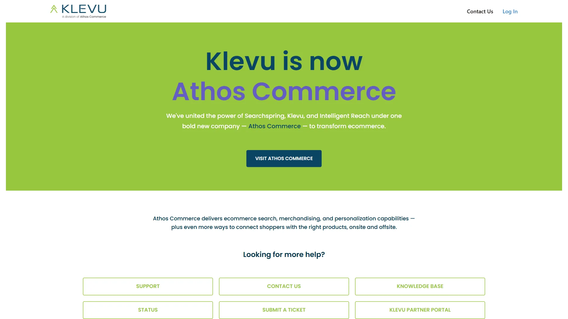 Klevu rebrand page announcing Klevu is now Athos Commerce with green banner and Visit button