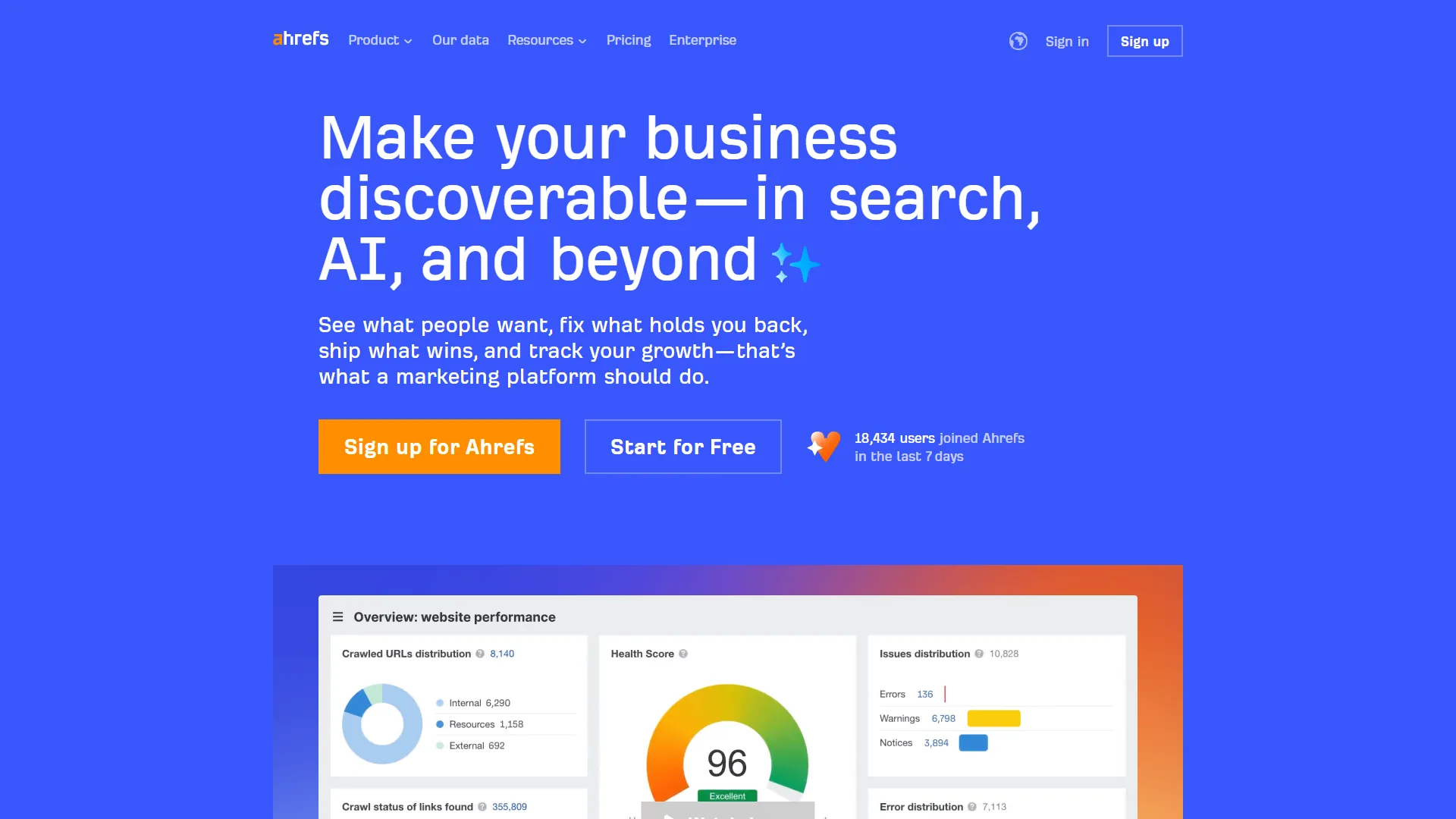 Ahrefs homepage with tagline about business discoverability in search, AI, and beyond