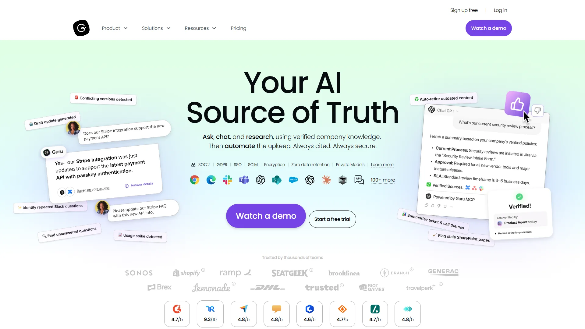 Guru homepage with Your AI Source of Truth headline, chat interface, and review platform badges