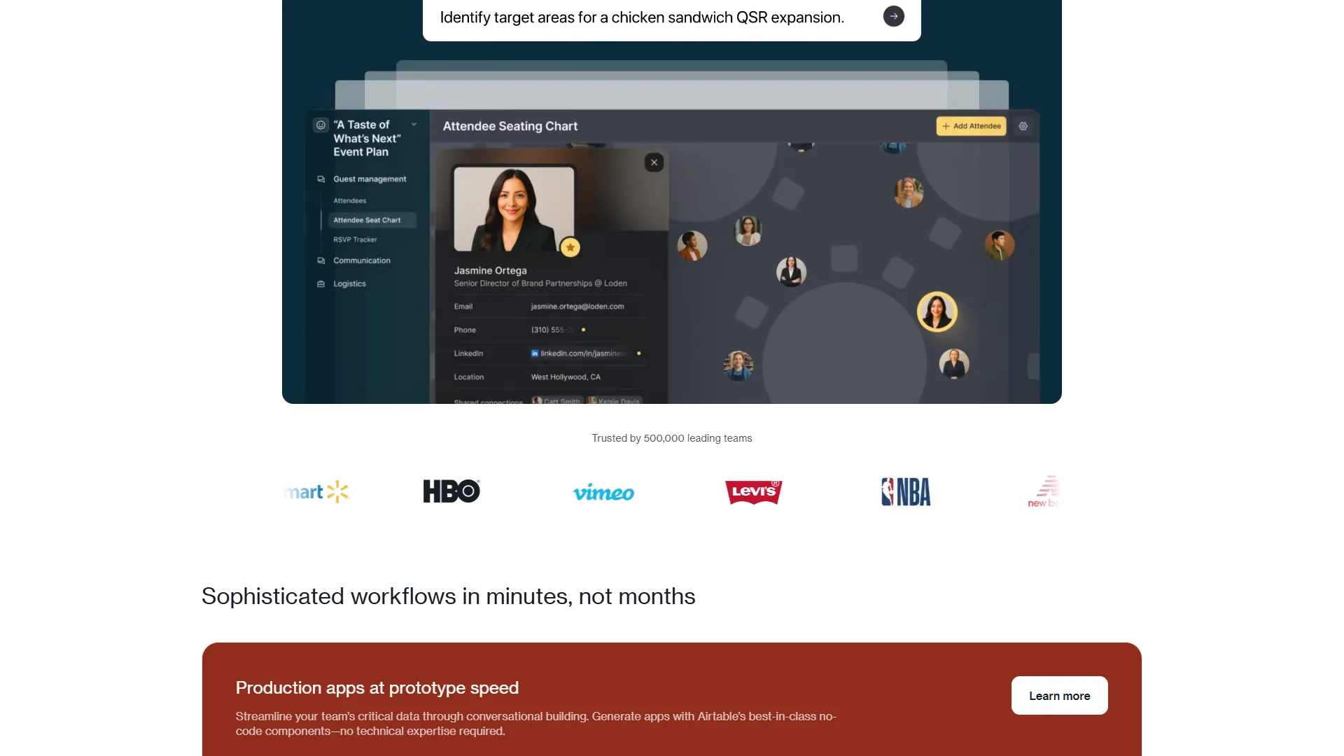 Airtable homepage showing an event seating chart app with guest details and client logos below