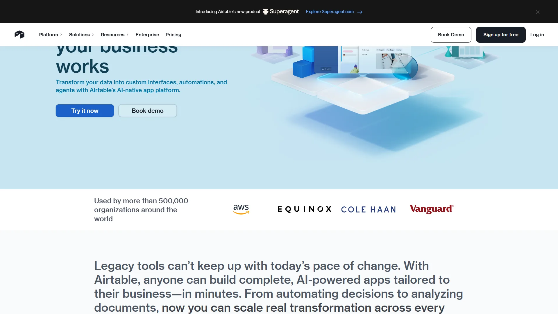 Airtable hero section with enterprise logos and a 3D illustration of its AI-native app platform