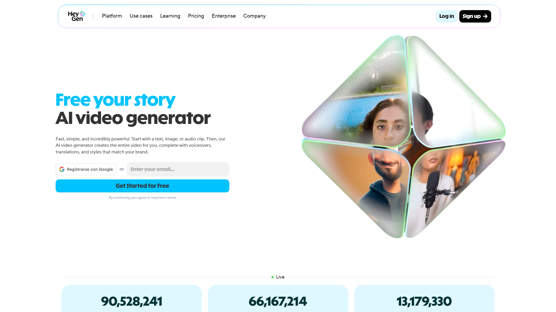 HeyGen homepage showing Avatar IV technology with realistic gestures and expressions