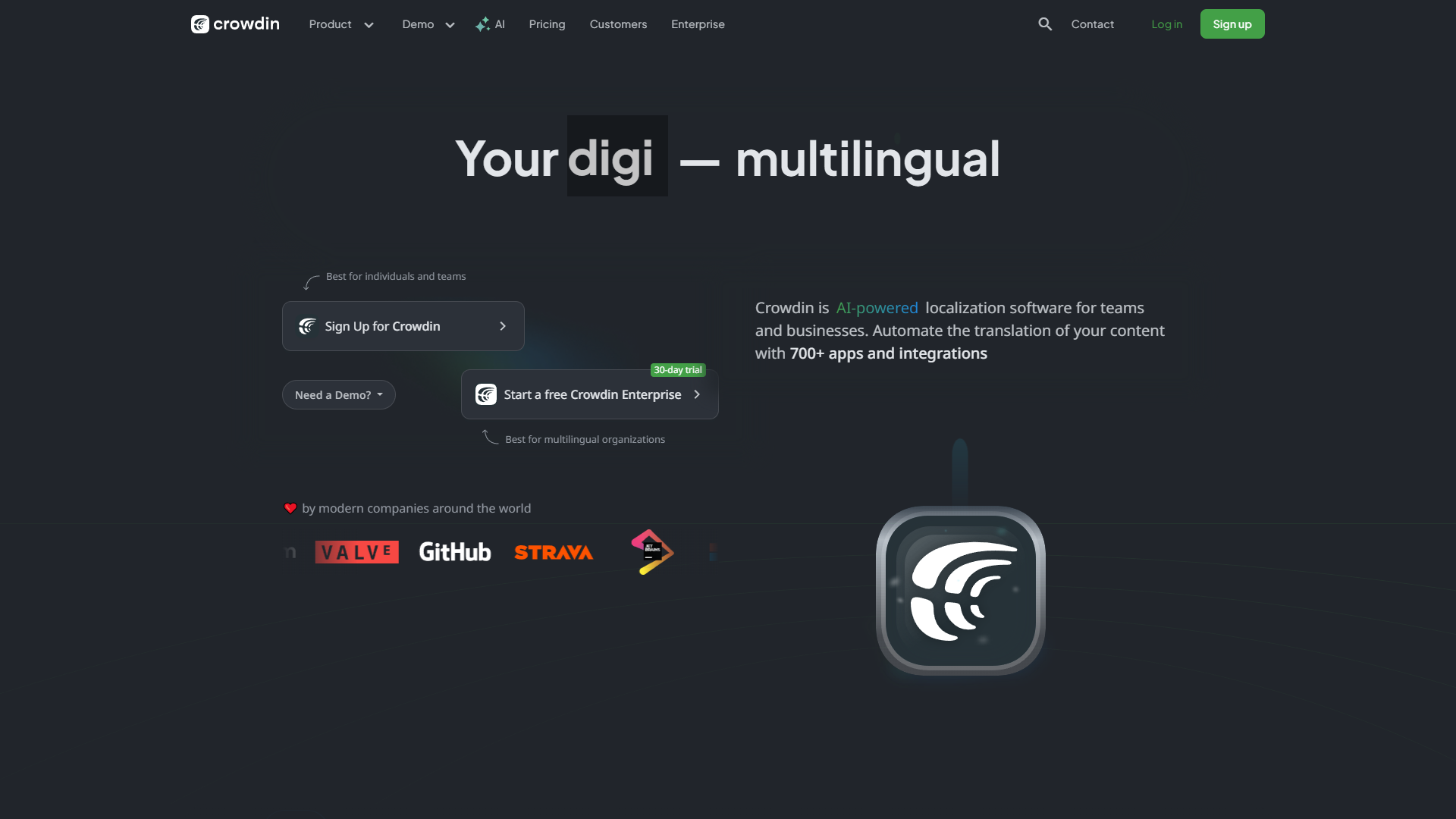 Crowdin localization dashboard showing project overview with translation progress, languages, and integration status