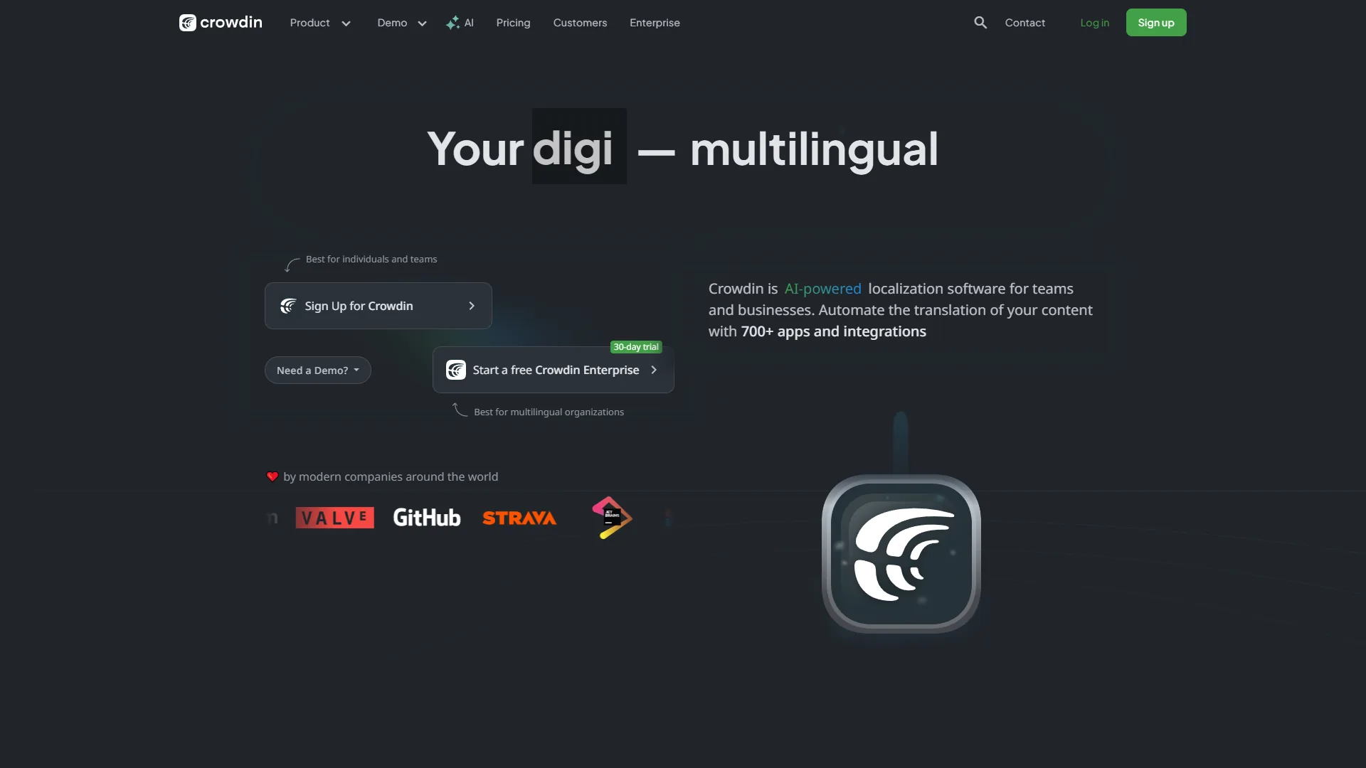 Crowdin homepage with AI-powered localization tagline, sign-up buttons, and client logos