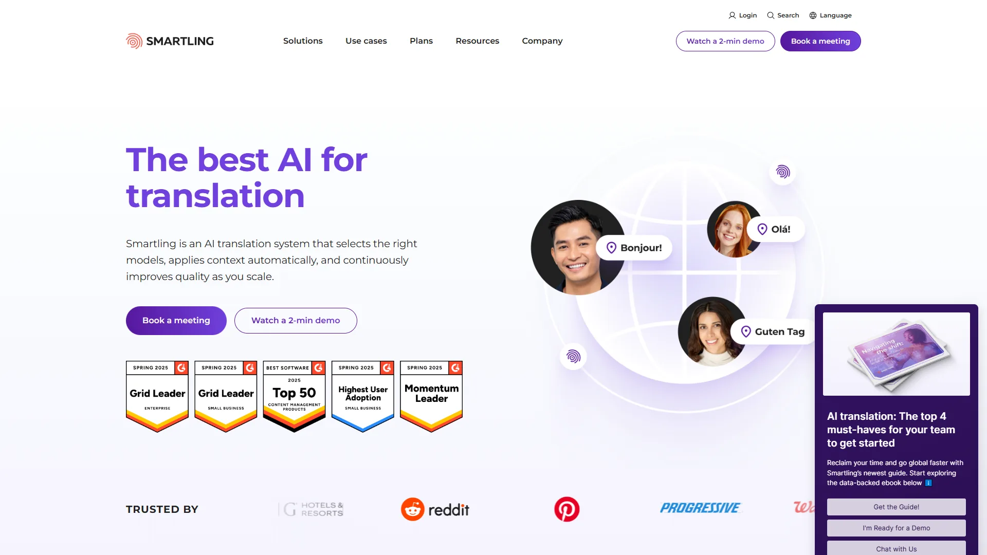 Smartling homepage with The best AI for translation headline, award badges, and trusted-by logos