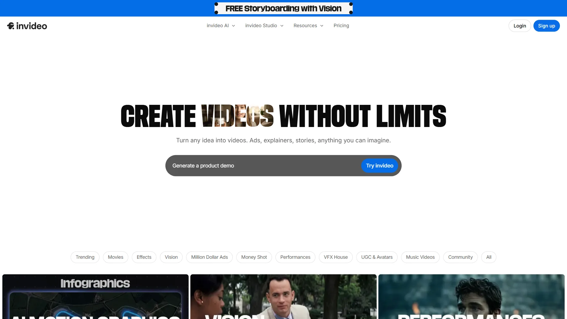 InVideo homepage with prompt bar and category tags