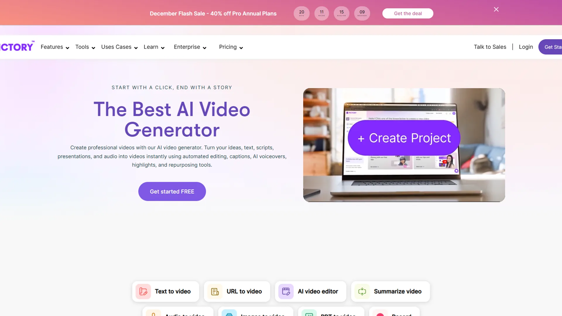 Pictory homepage with Create Project workflow options