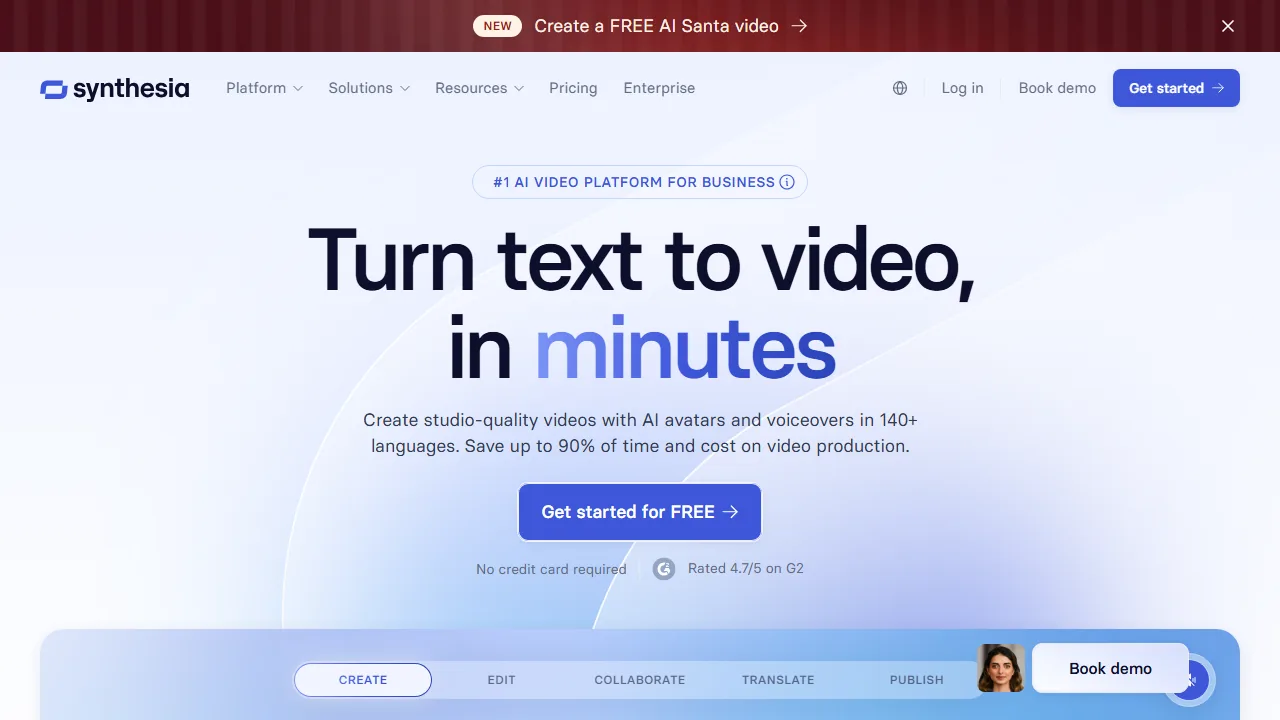 Synthesia text-to-video workflow with Create, Edit, Translate tabs