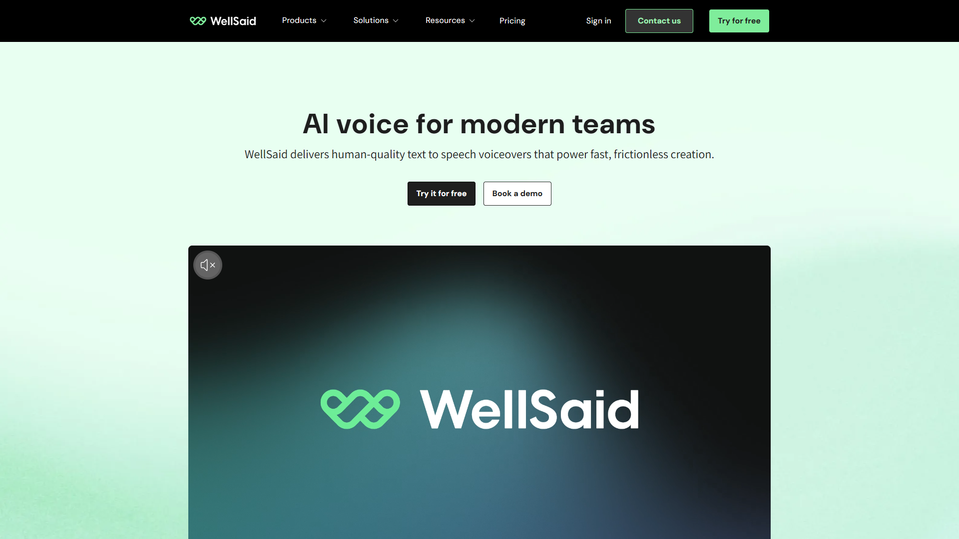 WellSaid Labs homepage showing the Caruso voice model interface and enterprise features