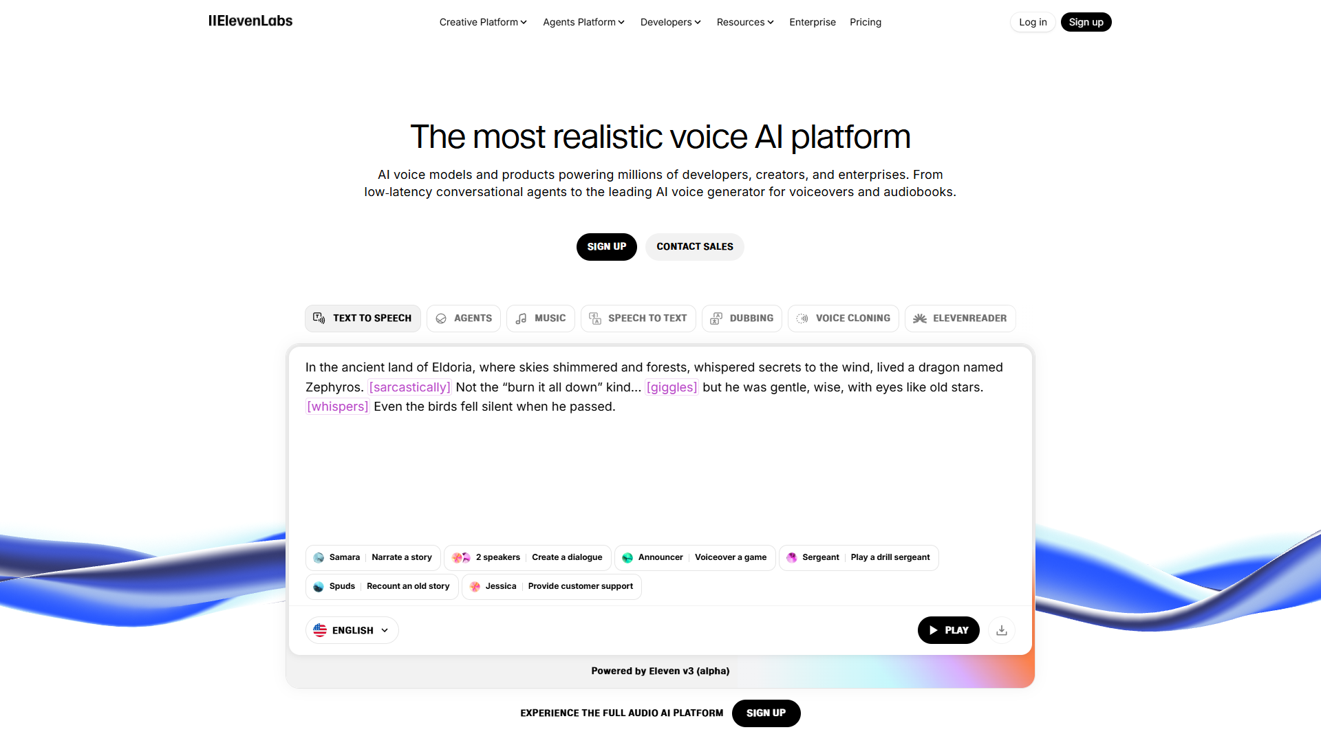 ElevenLabs homepage featuring AI voice synthesis and voice cloning technology