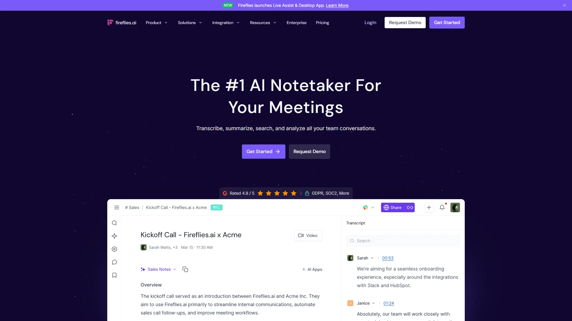 Fireflies.ai homepage showing AI meeting transcription features