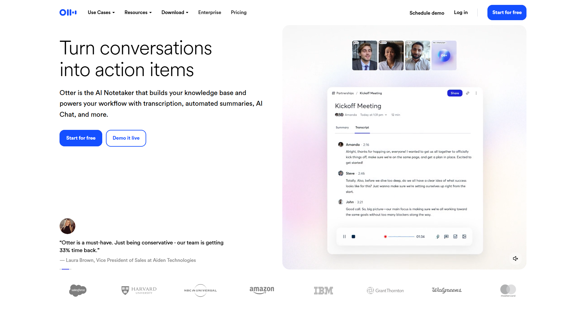 Otter.ai homepage showing real-time transcription and collaboration features
