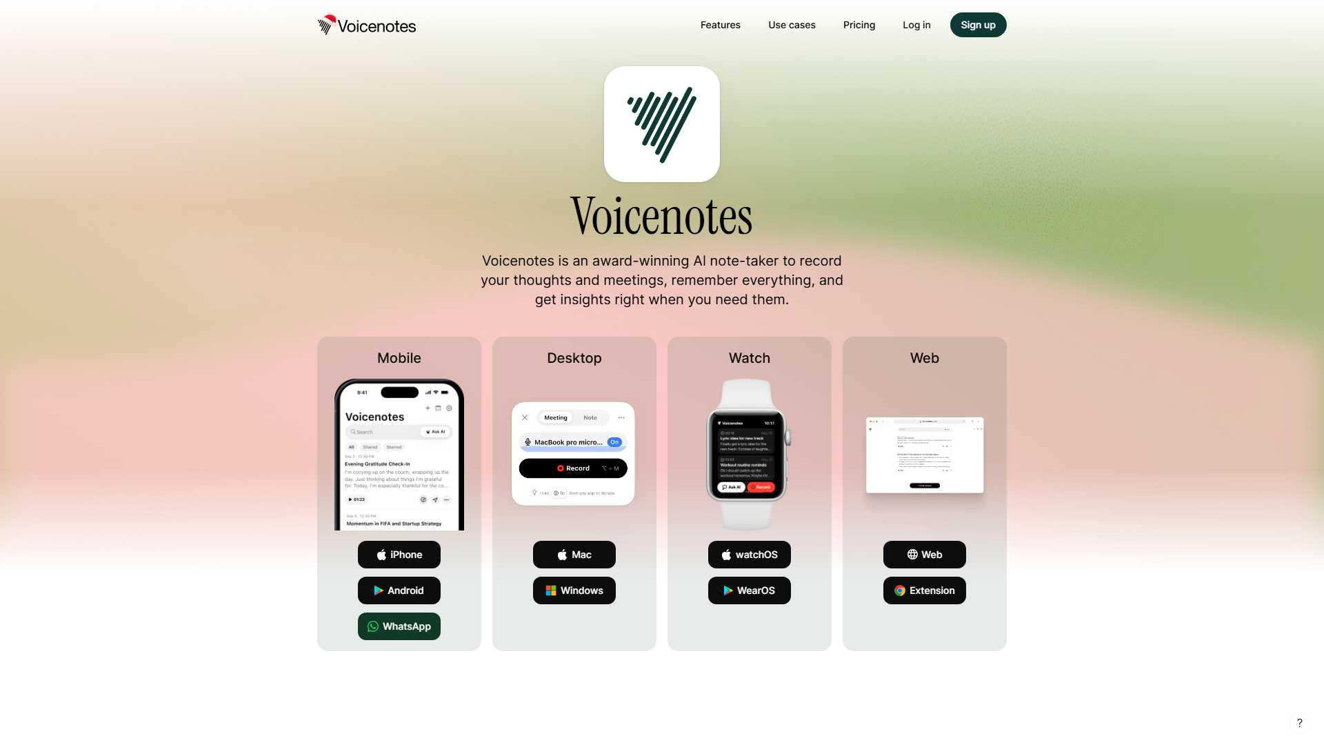 Voicenotes homepage showing AI voice transcription and note-taking features