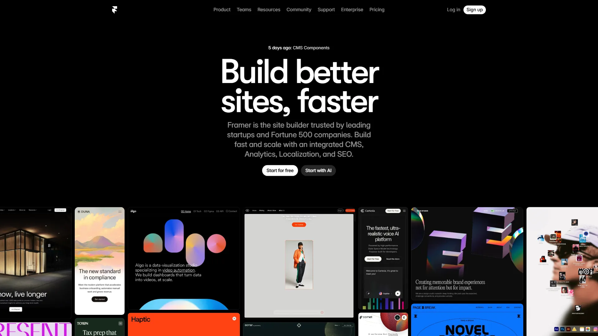 Framer homepage with Build better sites faster headline and gallery of example website designs