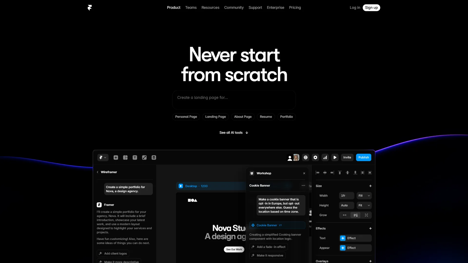 Framer AI site generation feature showing prompt-based website creation