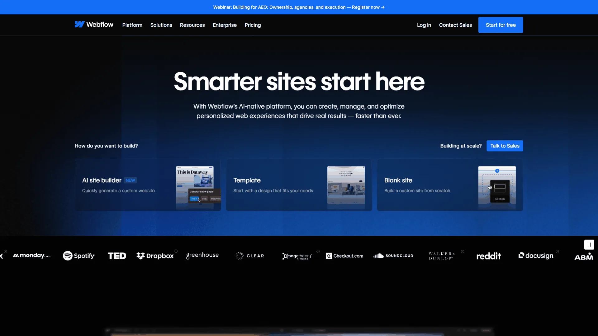 Webflow homepage with Smarter sites start here headline showing AI site builder and template options