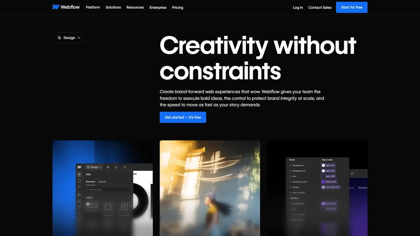 Webflow Design page with Creativity without constraints headline and visual editor previews