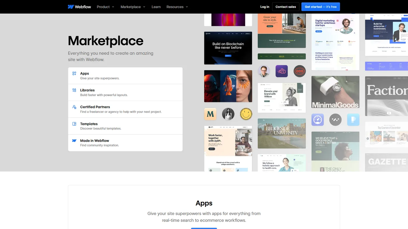 Webflow Marketplace page with Apps, Certified Partners, Templates, and Made in Webflow filters