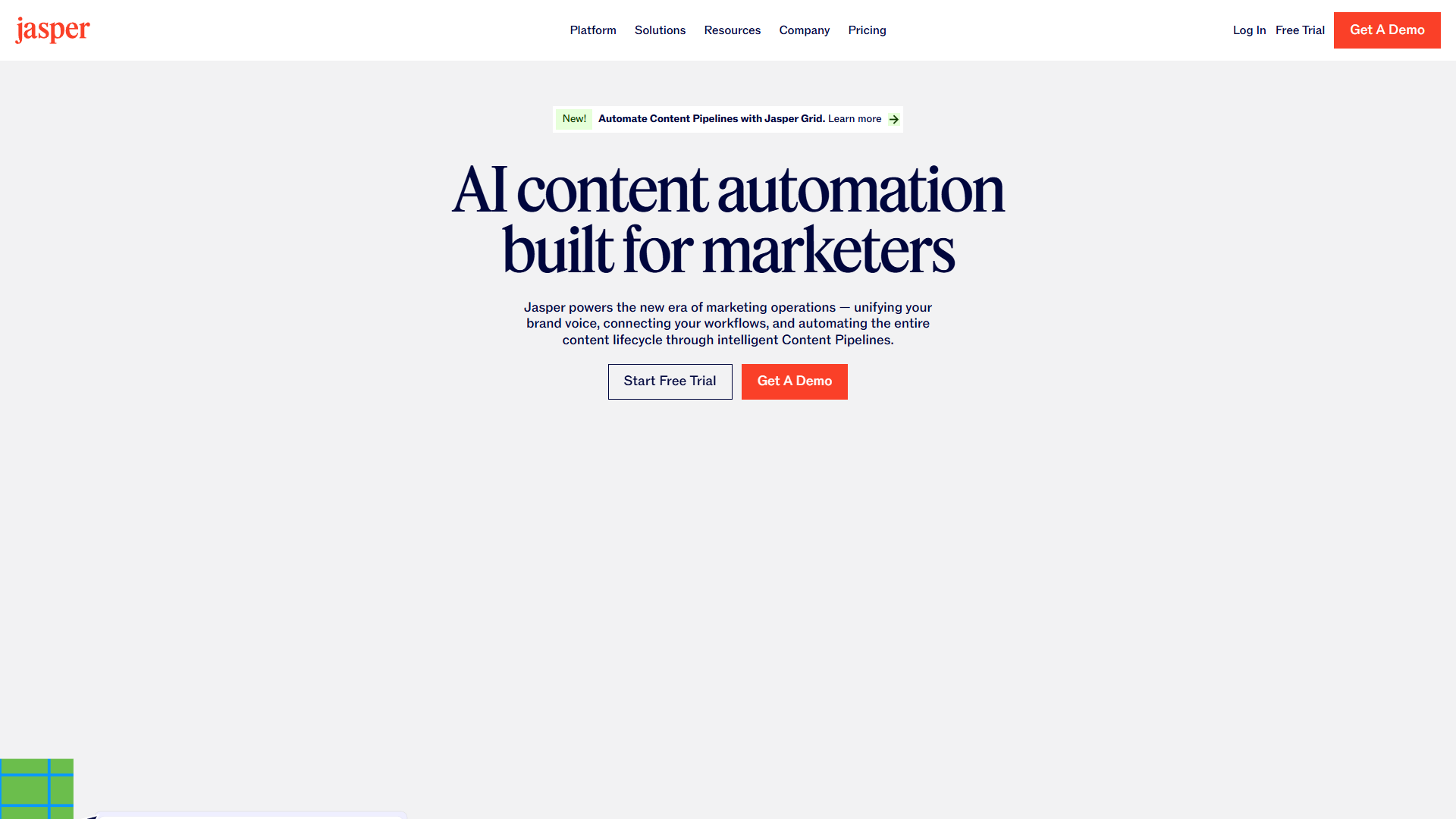 Jasper AI homepage featuring marketing content creation and brand voice features