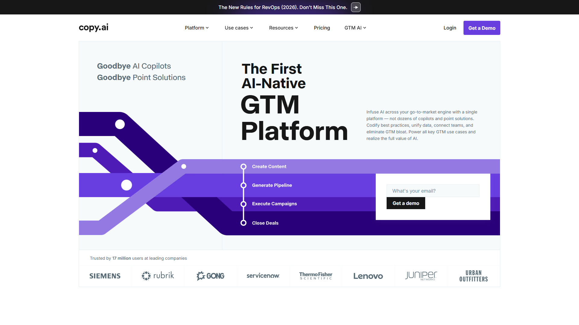 Copy.ai homepage featuring AI-powered content creation and workflow automation