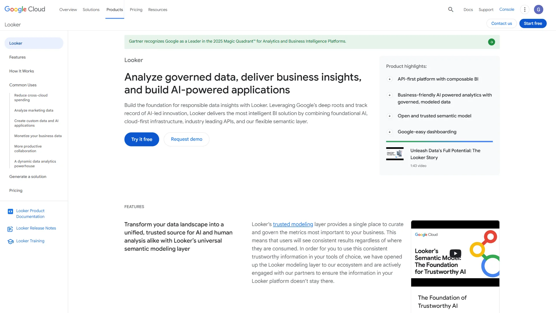 Google Cloud Looker page with sidebar navigation, product highlights, and AI-powered apps headline