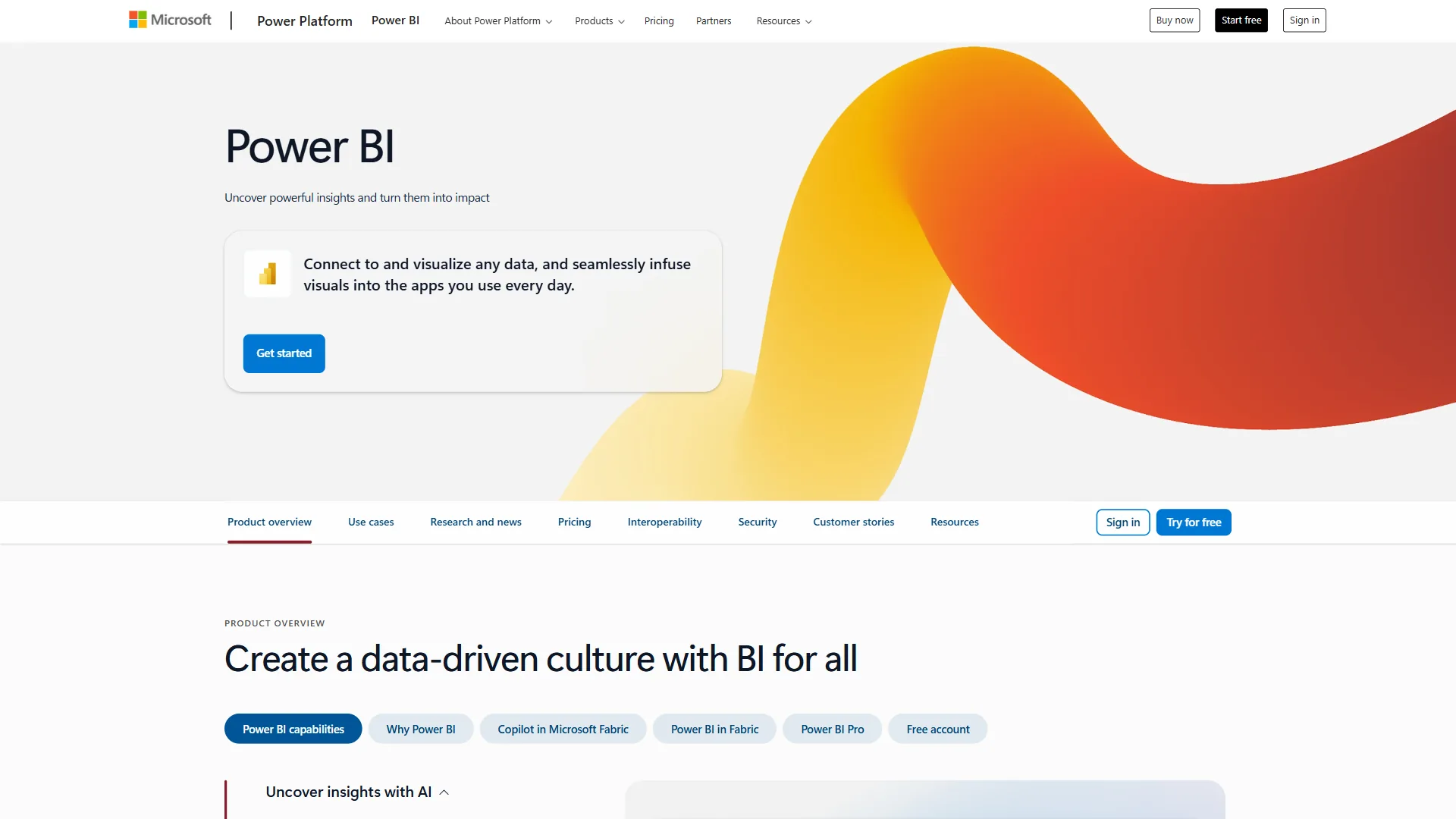 Microsoft Power BI product page with orange wave graphic, Get started button, and overview tabs