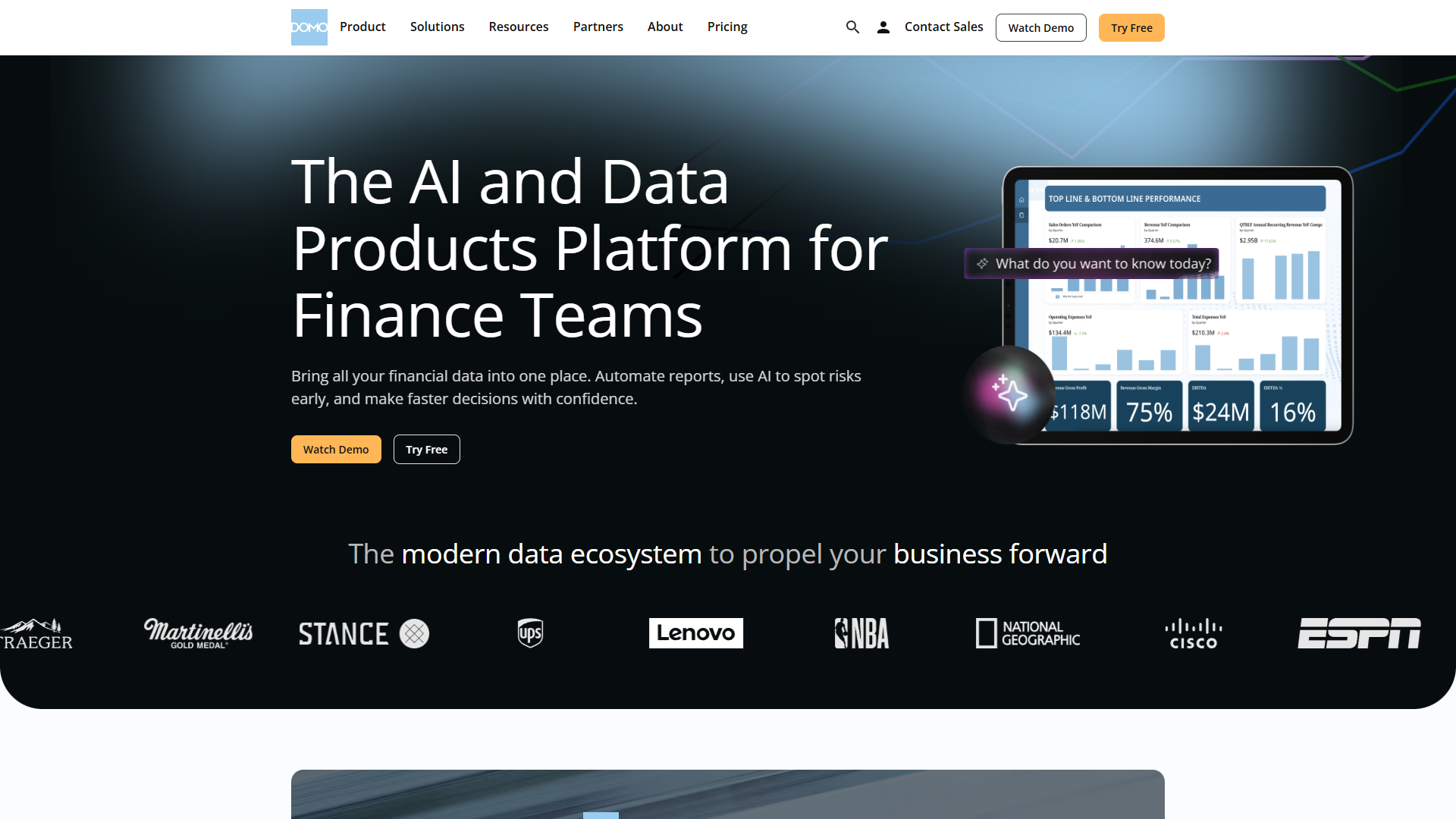 Domo dashboard showing 1,000+ data connectors and real-time analytics