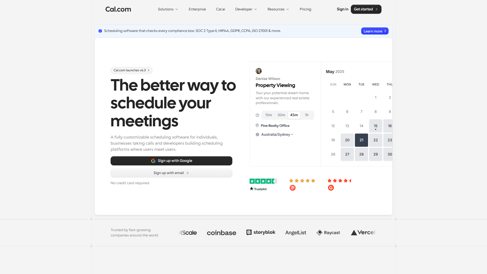 Cal.com open-source scheduling platform homepage showing booking widget and calendar view