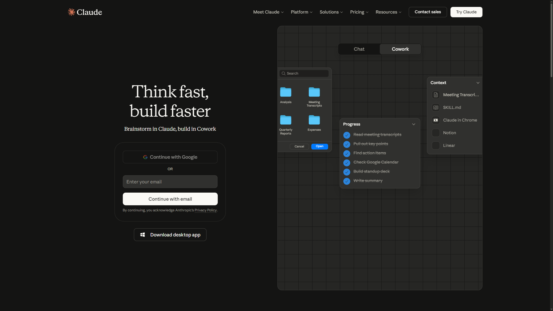 Claude AI dark mode interface showing the homepage with chat and Cowork project management features