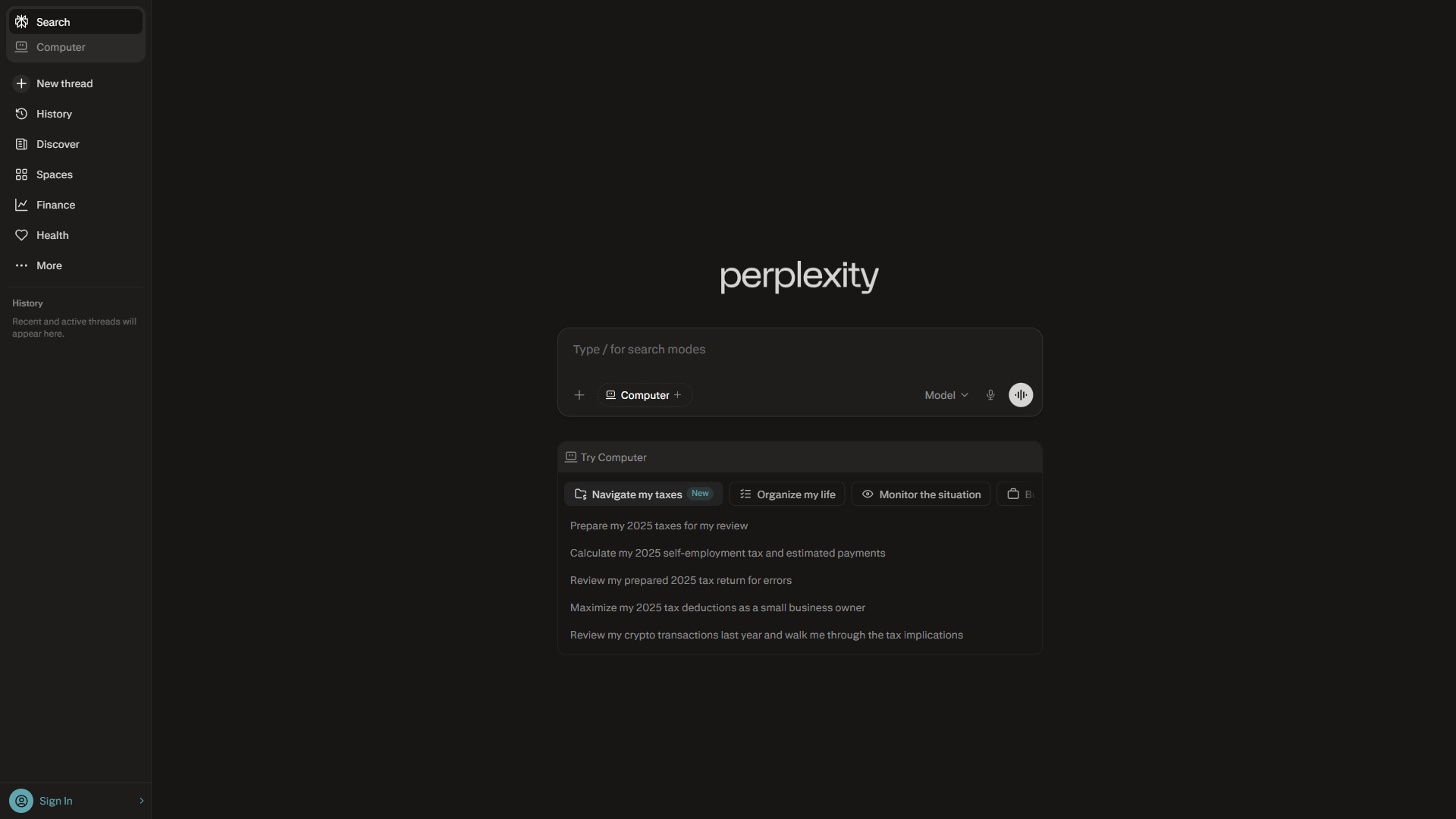 Perplexity AI dark mode interface showing search bar with suggested research queries and focus mode options