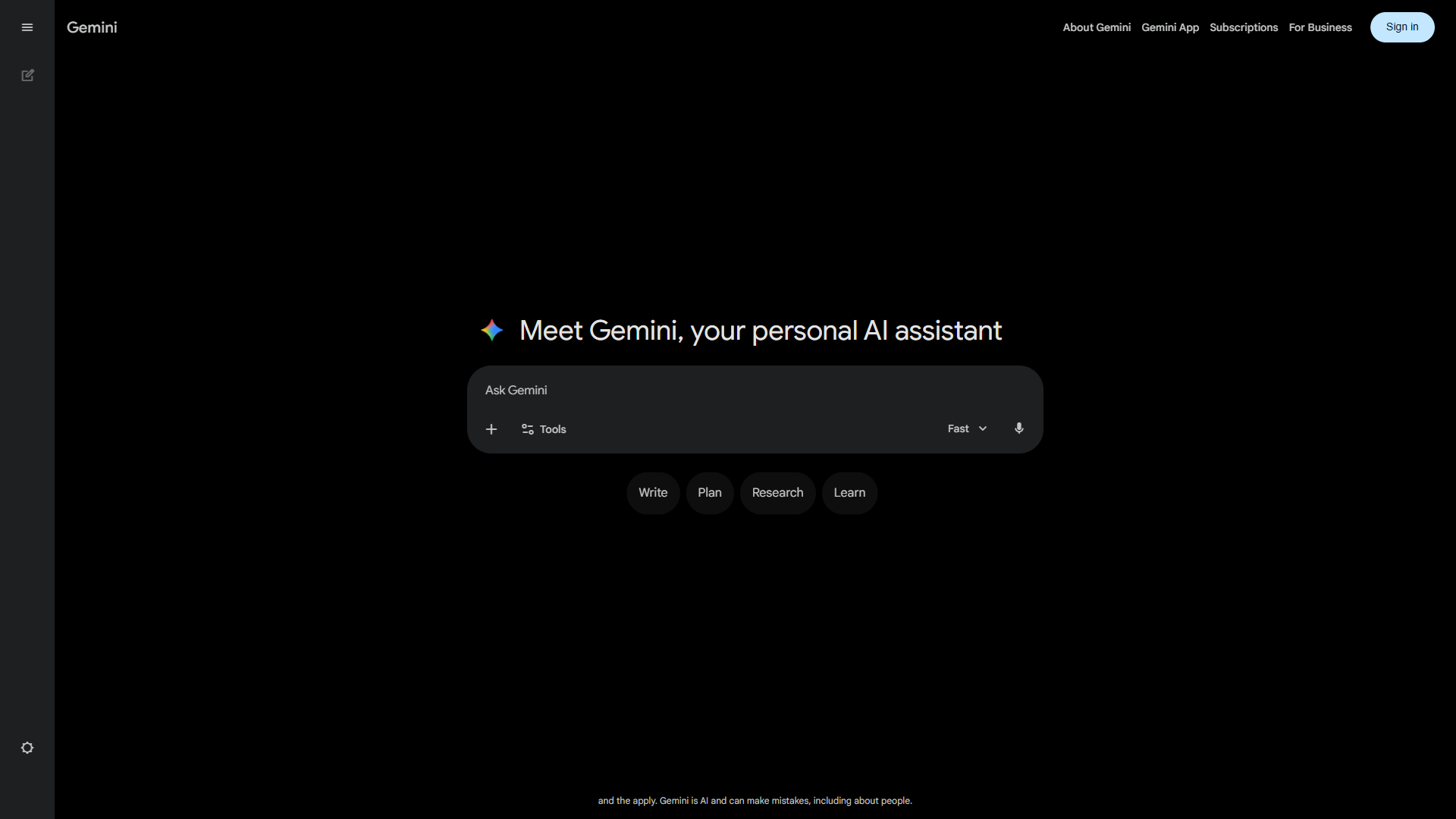 Google Gemini dark mode interface with Ask Gemini prompt bar and quick action buttons for Write, Plan, Research, and Learn