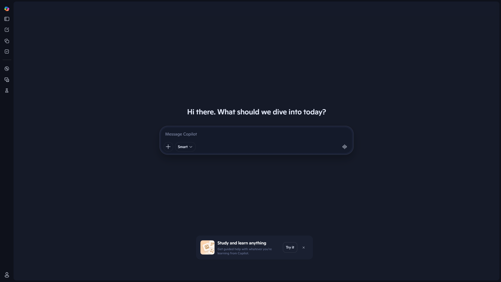 Microsoft Copilot dark mode chat interface with Message Copilot input field and Smart mode selector
