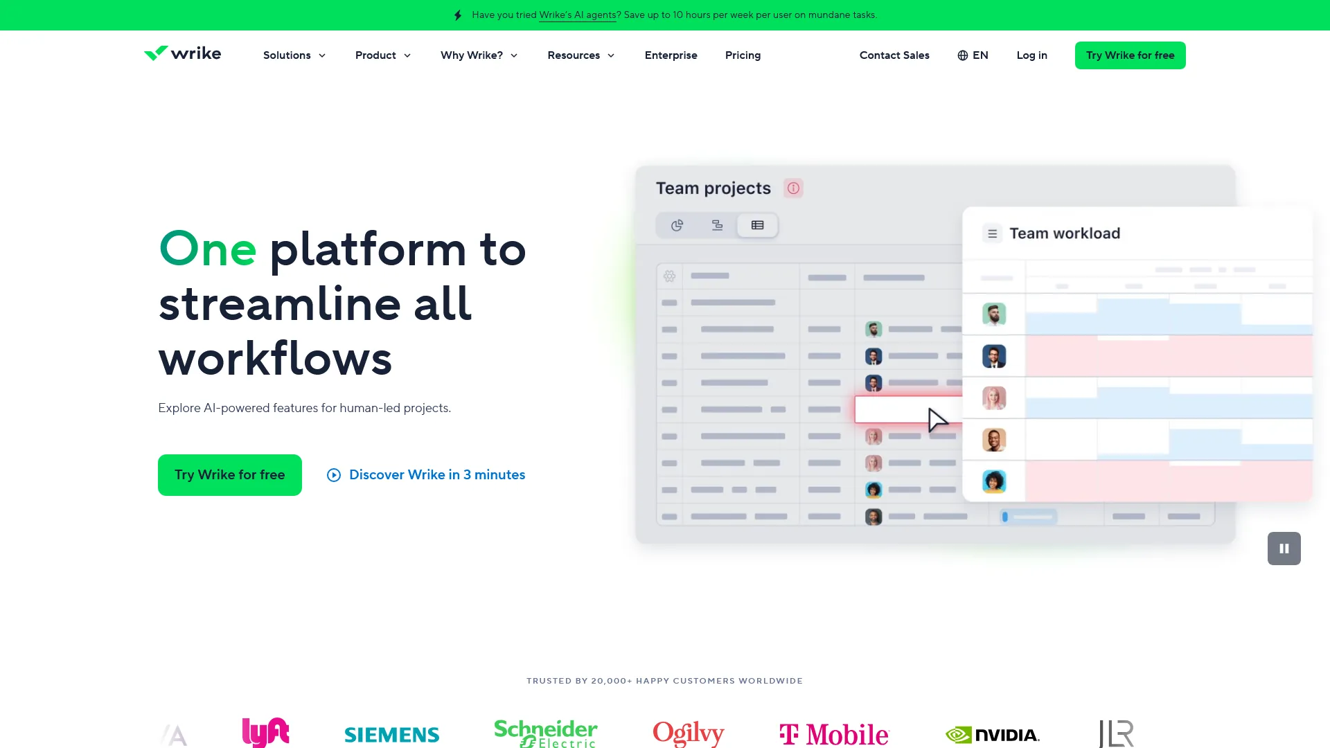 Wrike enterprise project management platform with resource planning and portfolio dashboards