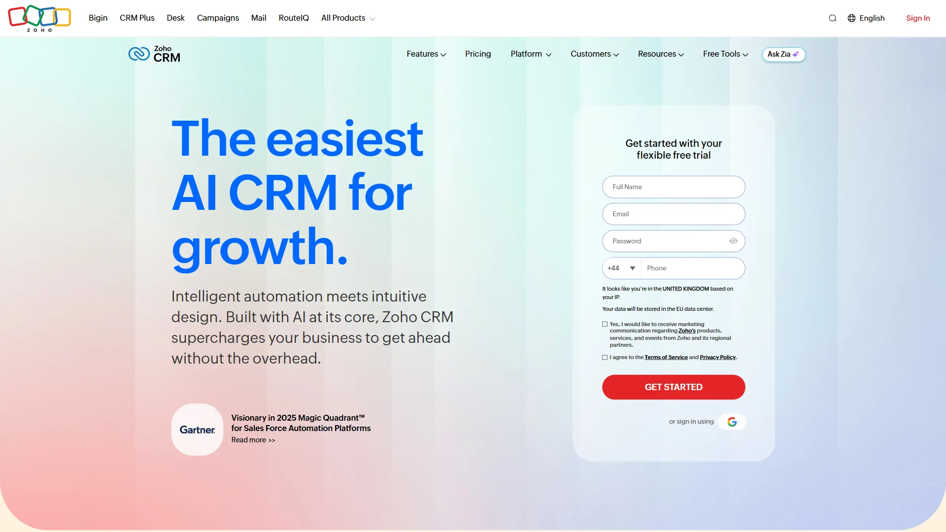 Zoho CRM homepage highlighting AI-powered automation, free trial signup, and Gartner Magic Quadrant recognition