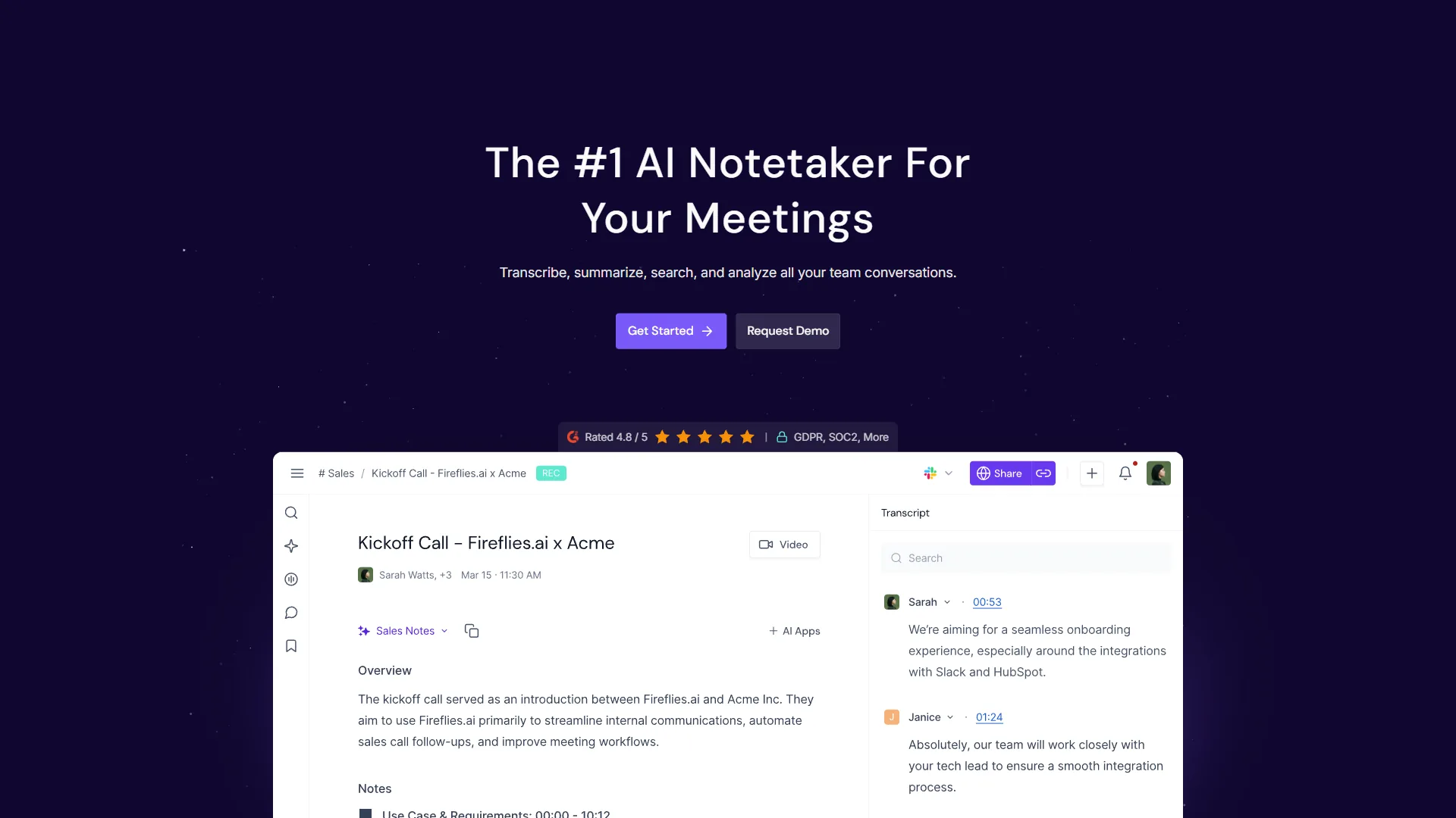 Fireflies AI meeting notetaker dashboard with call transcripts and summaries