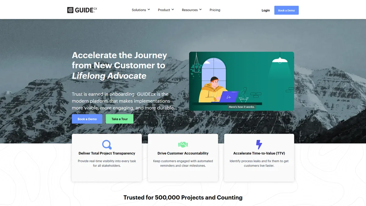 GuideCX customer-facing project view displaying implementation progress percentages, upcoming milestones, and task assignments