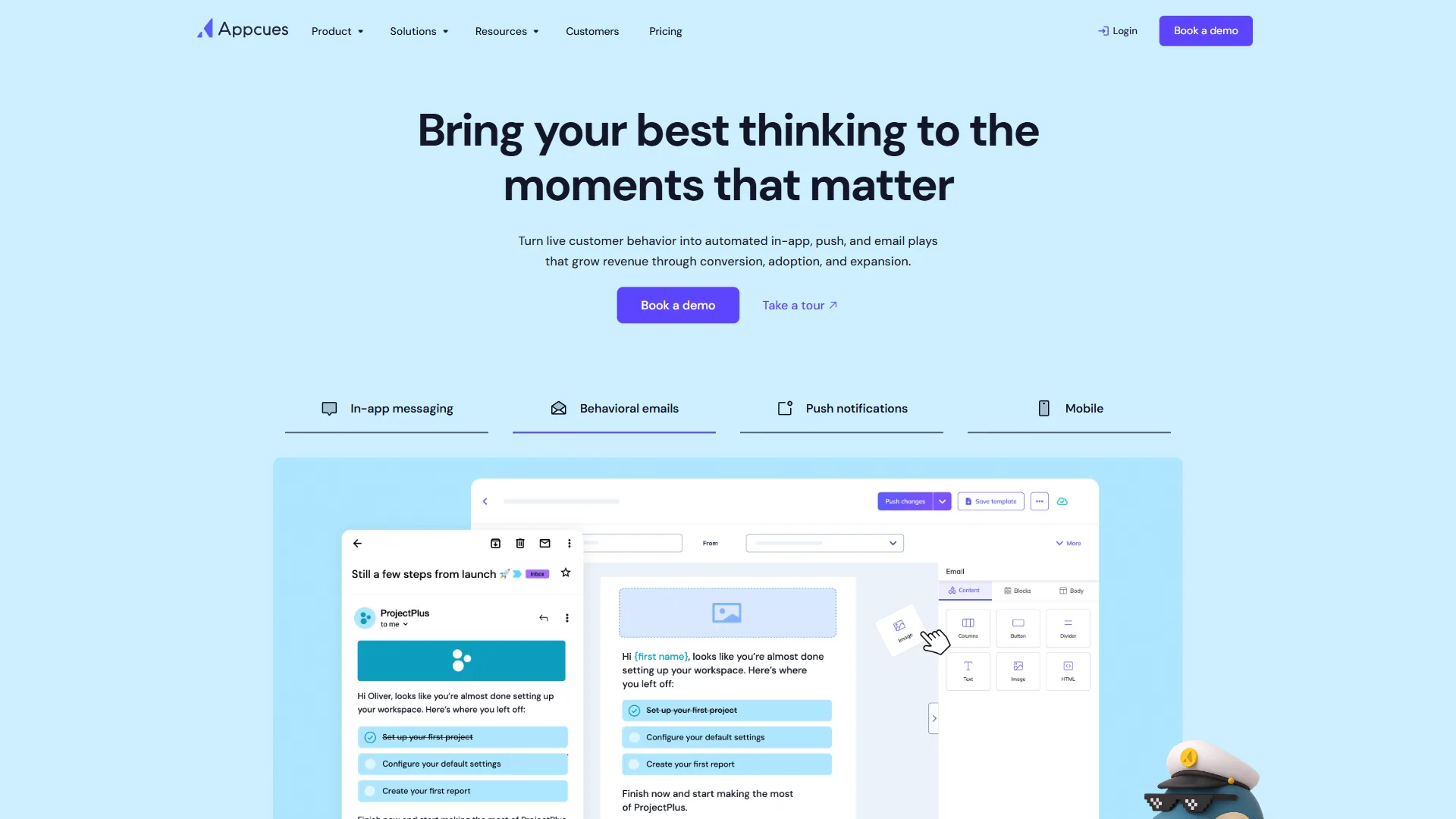 Appcues homepage with behavioral email builder, in-app messaging tabs, and onboarding checklist demo