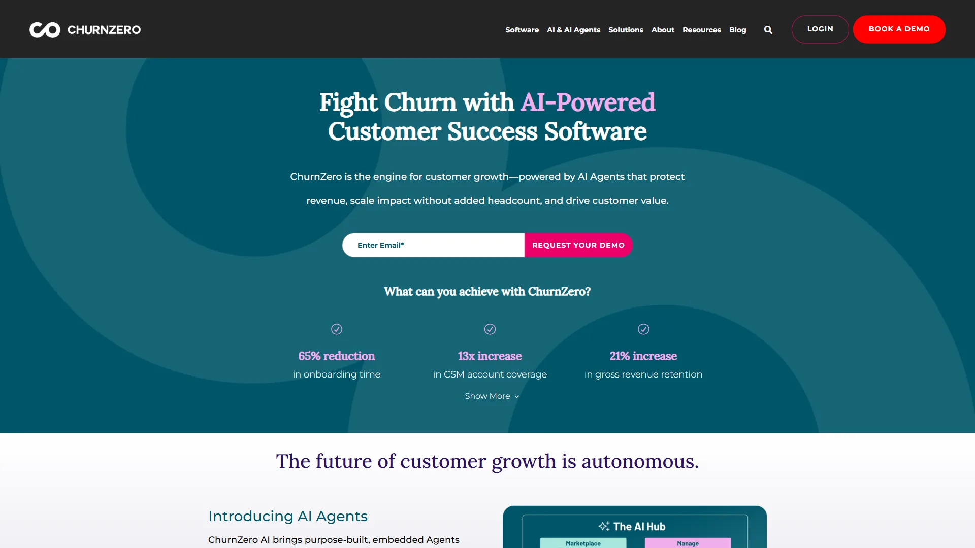 ChurnZero homepage with Fight Churn headline, key metrics, and AI Agents introduction section