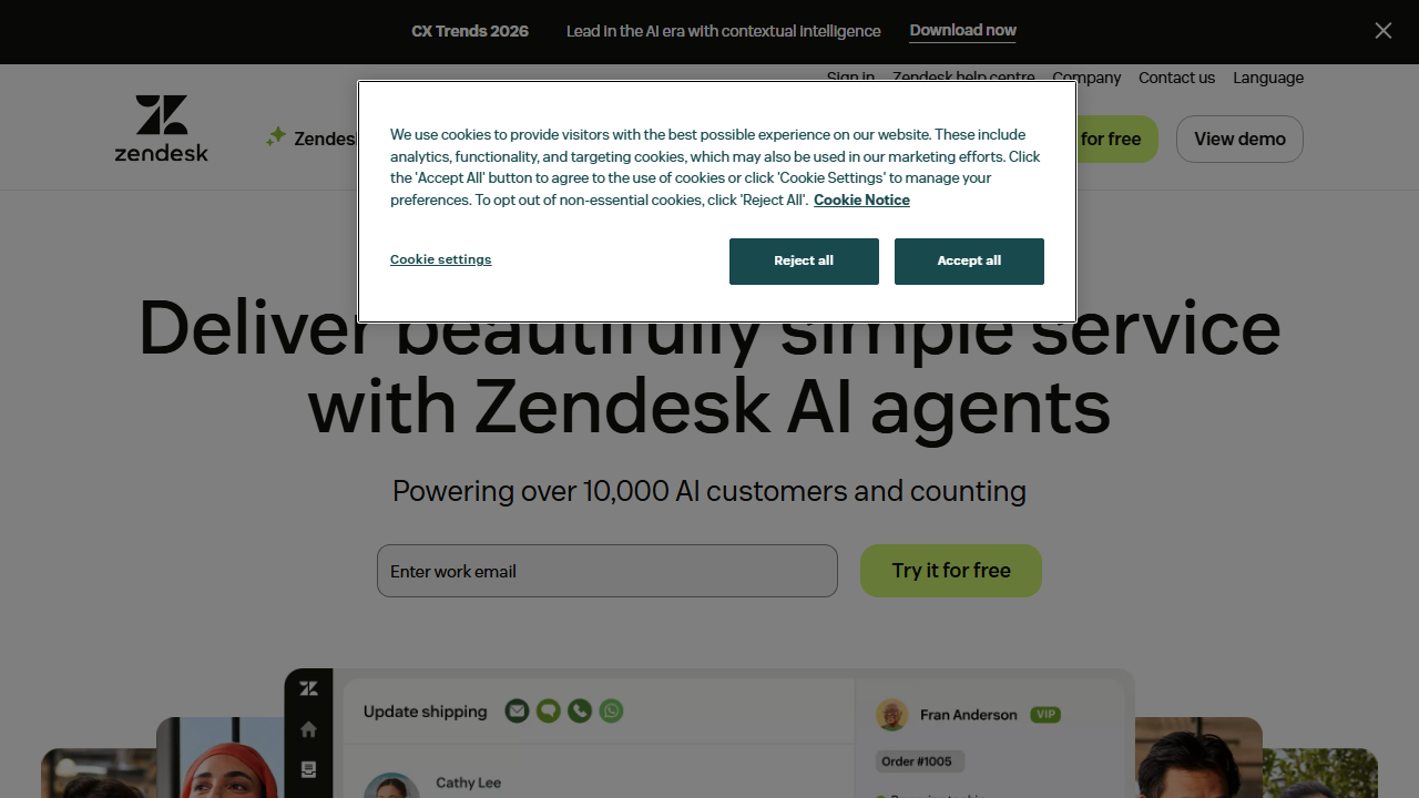 Zendesk Support dashboard showing ticket queue with AI-powered ticket routing and priority suggestions