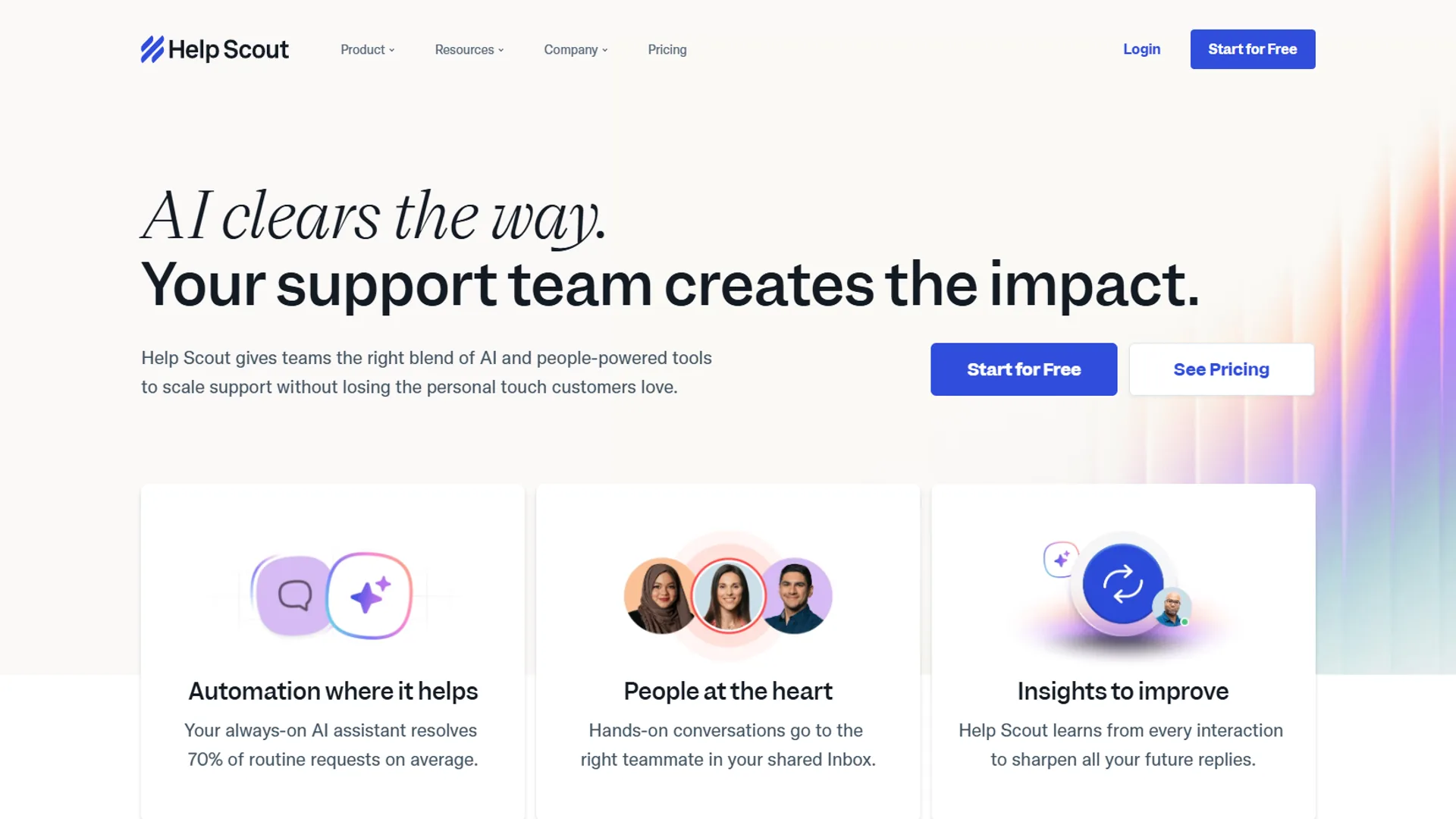Help Scout homepage with AI clears the way headline and three feature pillars below